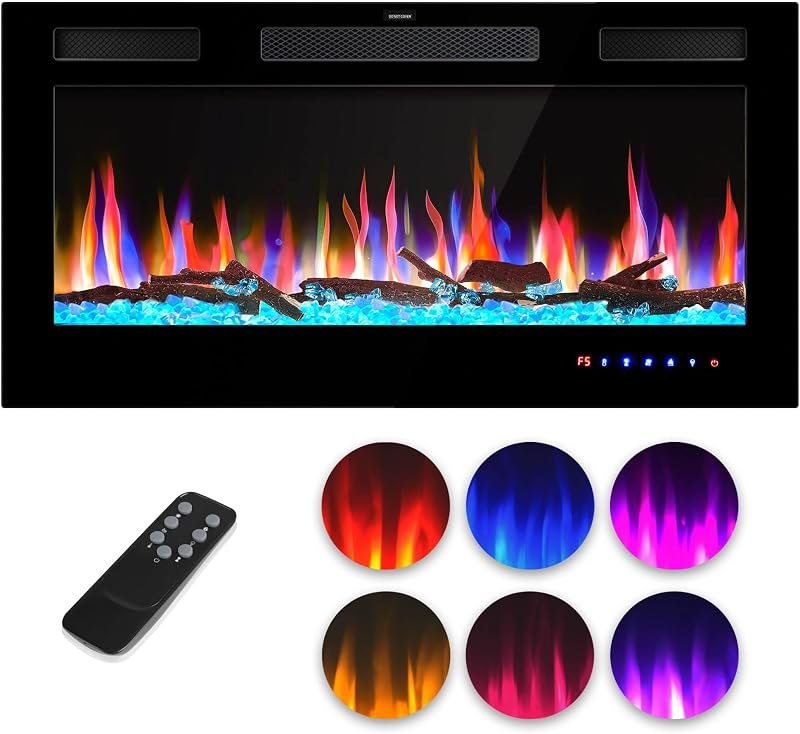 36" Electric Fireplace Insert-Wall Mounted and Recessed Fireplace Electric with Remote Control, Modern Fireplace with