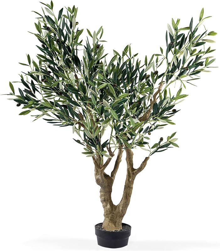 4.5 ft Faux Olive Tree, Real Touch Artificial Olive Tree Indoor, Realistic Thick Trunk, Premium Small Olive Tree for