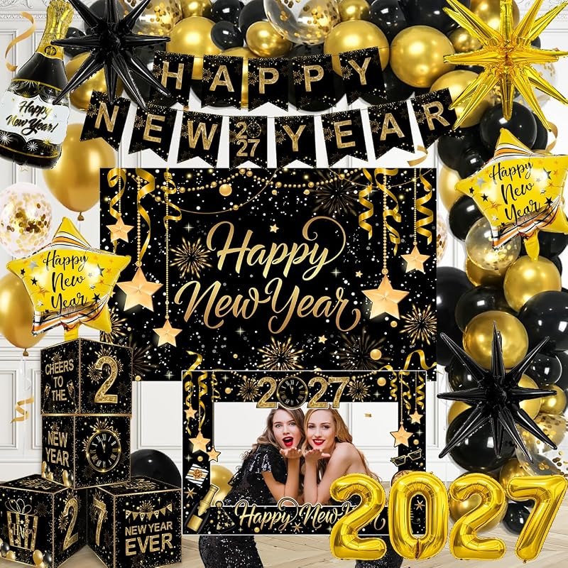 2027 New Years Decorations Black and Gold New Years Eve Balloons — new years eve party decorations for new years eve