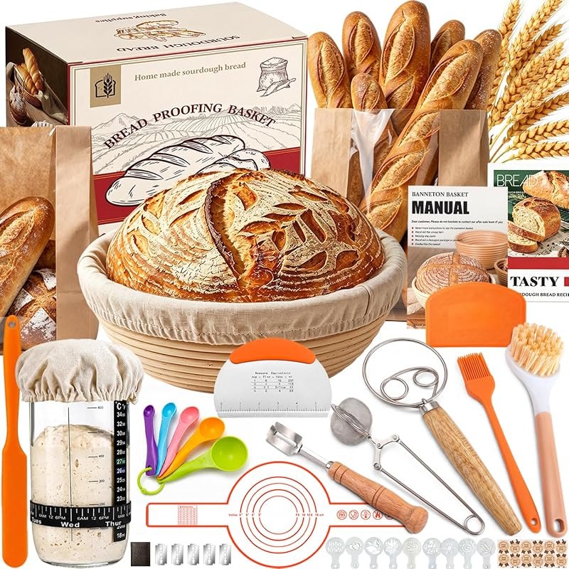 Sourdough Starter Kit,Sourdough Bread Baking Supplies,9' Round Banneton Bread Proofing Basket Gift Set for Women,40+
