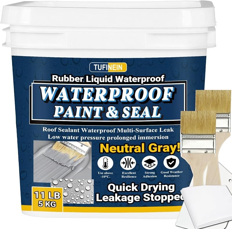 Rubber Liquid Waterproof Sealant, TUFINEIN 11 LB/5 KG Neutral Gray Quick Drying Multi Surface Foundation Leak Repair -