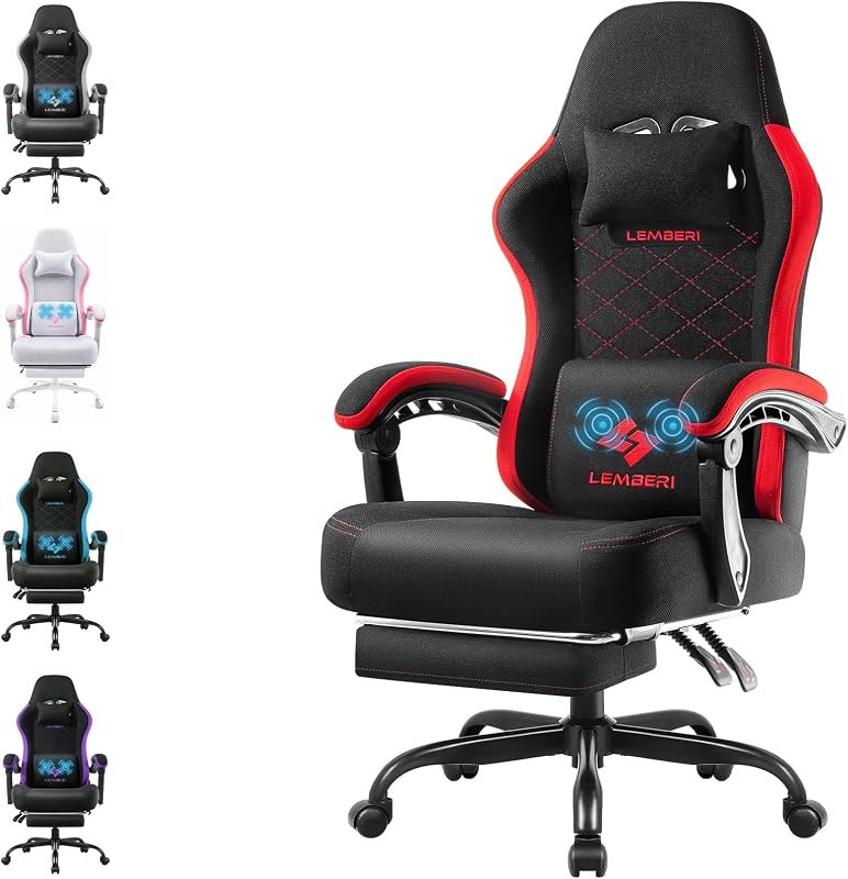 LEMBERI Gaming Chair, Fabric Big and Tall Video Game Chairs with Footrest, Massage Lumbar Support, Racing Style