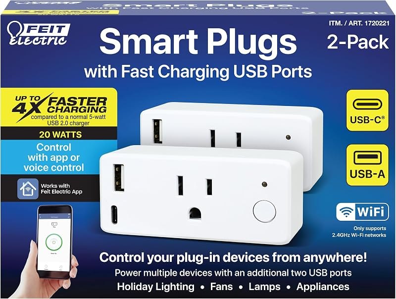 Feit Electric Smart Plug, Works with Alexa and Google Home, No hub Required, 2.4 GHz Network Only, Remote Control from
