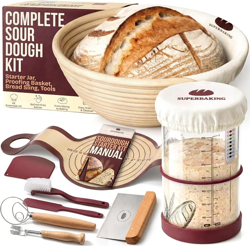 Superbaking Sourdough Starter Kit: 9" Banneton Basket, Silicone Sling & Jar — baking banneton for baking banneton