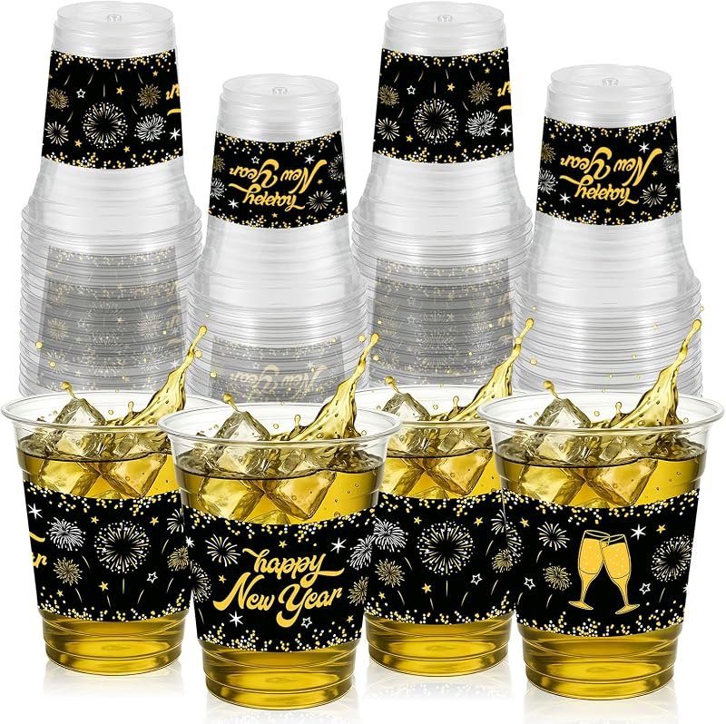 ABURRORI 50 Pcs 12OZ Happy New Year Plastic Cups,New Year's Eve Party Decorations Cups Clear Golden Black Printing