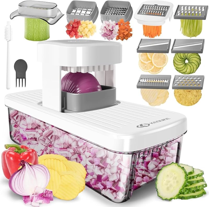 KEOUKE 8-in-1 Vertical Vegetable Chopper Mandoline Slicer with Container White - Safe Tap Out Dicer with Hand Guard