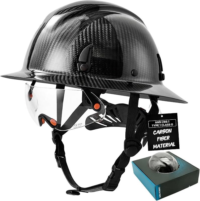 Real 3K Carbon Fiber Full Brim Hard Hat with Visor, ANSI Z89.1 OSHA Approved Construction Safety Helmet for Men