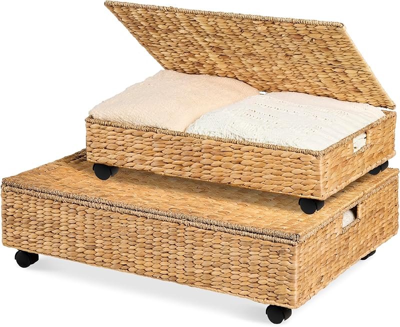Best Choice Products Under Bed Storage Containers W/Lid, Wheels and Handles, 2-Pack Large Handwoven Water Hyacinth