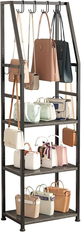 Tall Narrow Purse Organizer for Closet, 3-Tier Floor Standing Handbag Storage Rack with 8 Adjustable Hooks