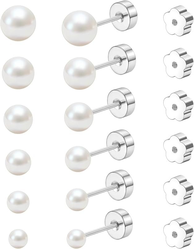 7 Pairs 18G 20G Flat Back Stud Earrings, Hypoallergenic Surgical Steel Set — flat back pearl earrings for flat back