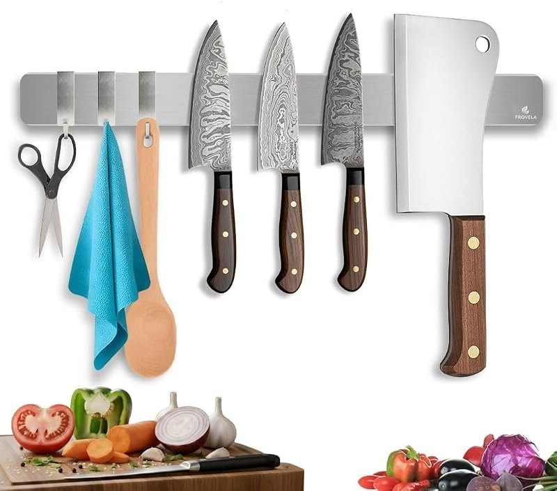 Strong Magnetic Knife Holder 40cm - Stainless Steel Silver Wall Mount Knife Rack with 3 Hooks Tape and Screws Sleek &