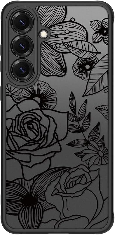 Girly Flower Phone Case Compatible with Samsung Galaxy S25 FE, Cute Aesthetic Black Line Art Floral Rose Pattern