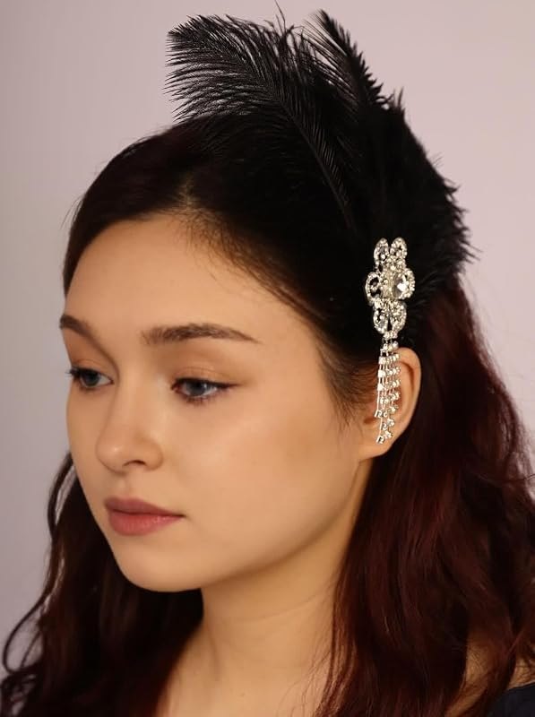 Aimimier Bridal 1920s Flapper Black Feather Clip with Flower Crystal Tassel Roaring 20s Feather Headpiece Party