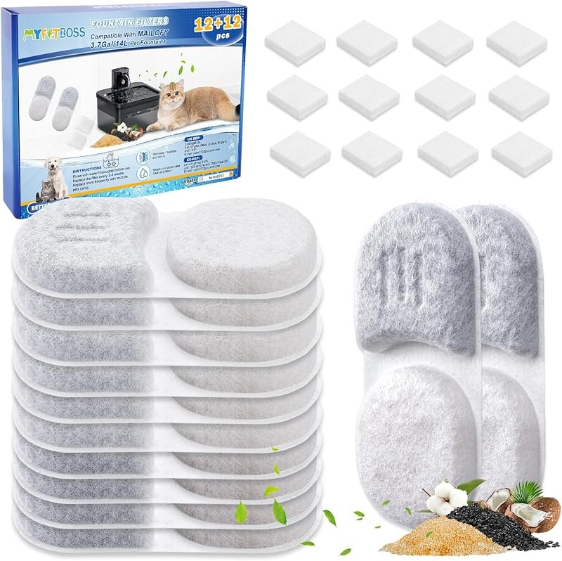 12+12pc Pet Water Fountain Filters Compatible with MAILOFY 3.7Gal — large cat water fountain for large cat water