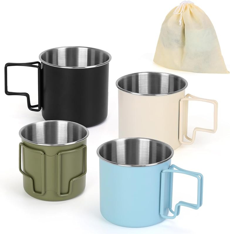 4 Pack Stainless Steel Camping Cups with Foldable Handle, 14.8oz Portable Cups for Coffee & Travel, Dishwasher Safe -