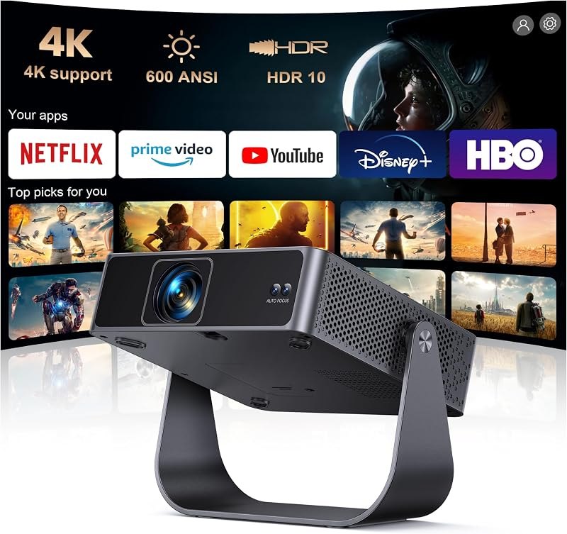 [Official Apps & Live TV & 330° Stand]Smart Mini Projector with WiFi and Bluetooth Ultra-thin, 4K Support Outdoor