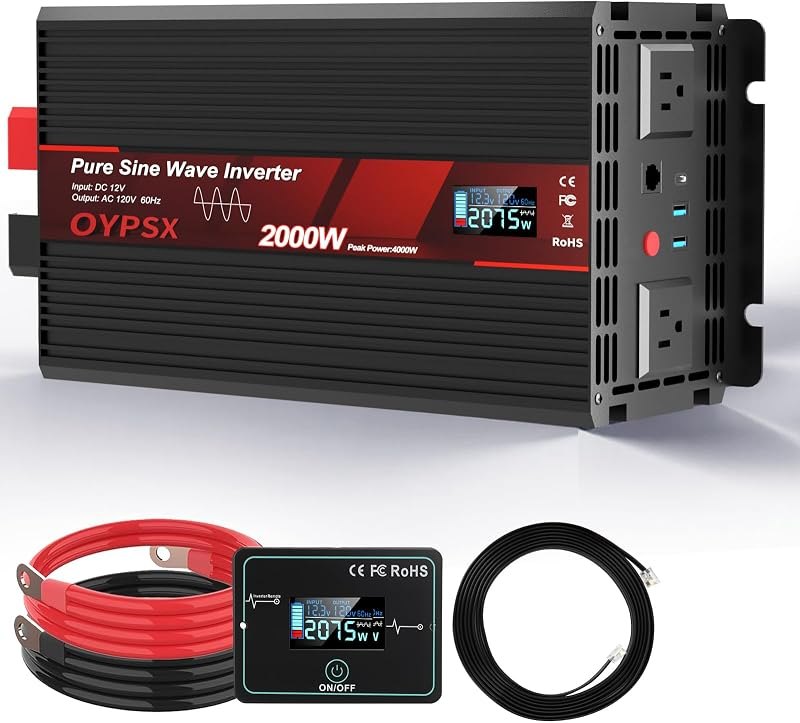 2000W Power Inverter 12V to 110V 120V AC Pure Sine Wave Inverter for RV Truck Camping,Outdoor Off-Grid Power Converter