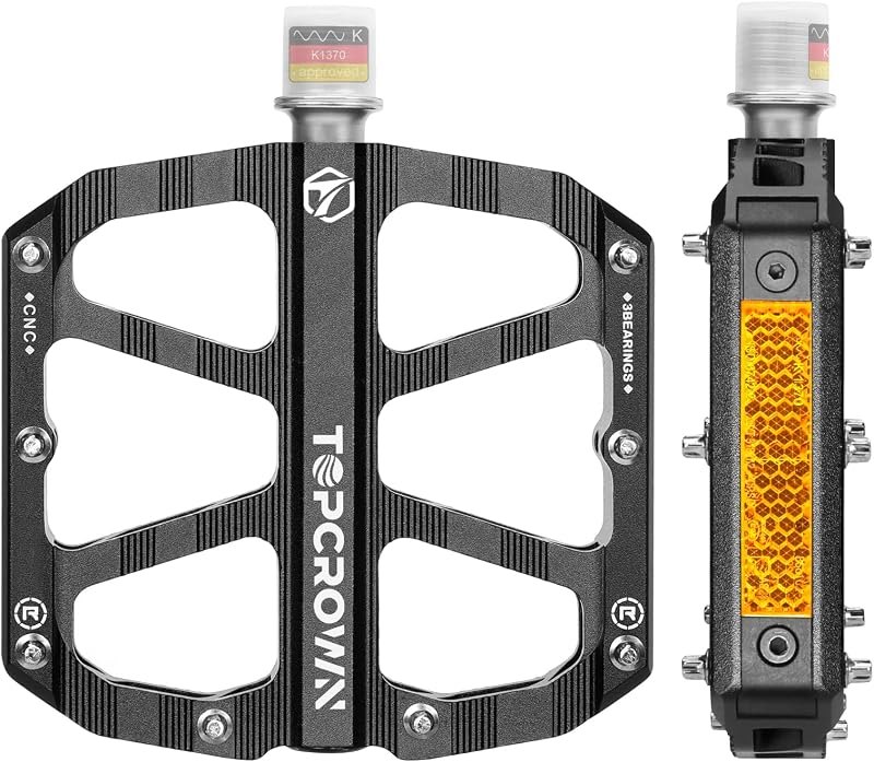 Topcrown Mountain Bike Pedals with Reflectors, Aluminum Metal Bicycle Flat Pedals 9/16" - 3 Sealed Bearings, Non-Slip