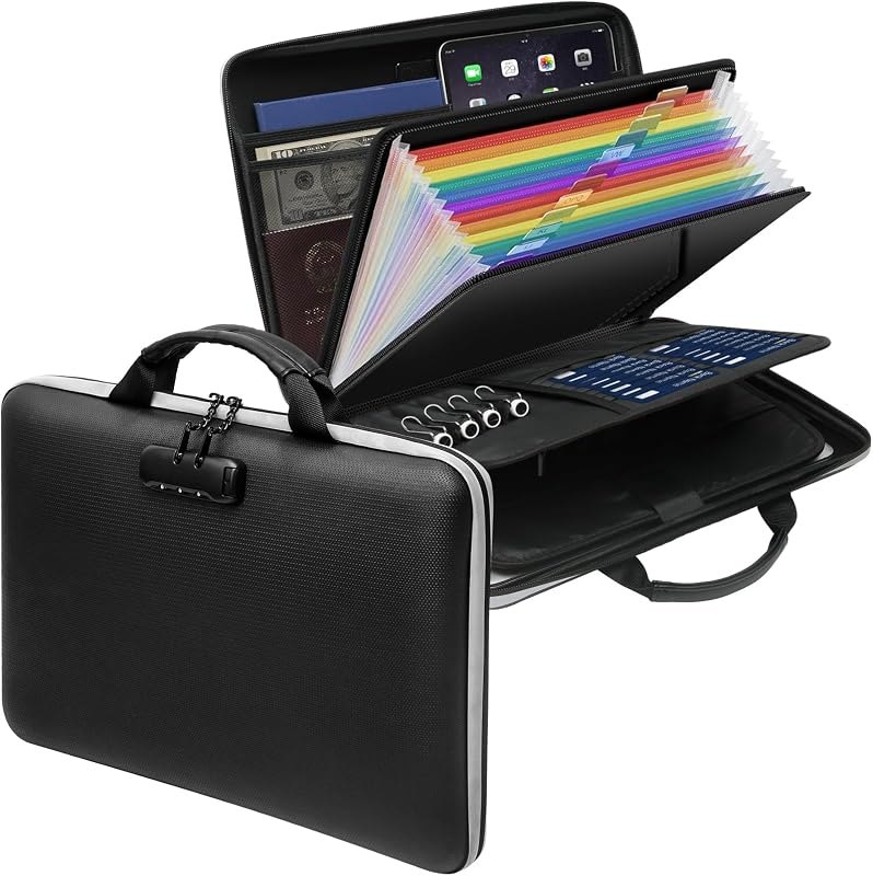 Fireproof Document Box,Hard Case Fireproof File Organizer with Lock 13 Pocket Accordion File Folder Reflective Zipper