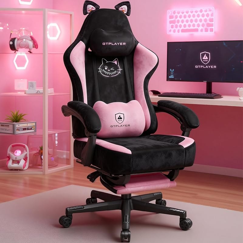 GTPLAYER Pink Gaming Chair Cute with Cat Ears Ergonomic Computer Chair with Cat Embroidery Adjustable Memory Foam