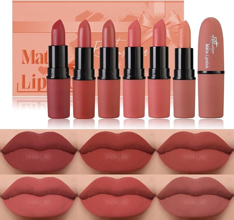 6Pcs Red Velvet Matte Lipstick Set, High Pigmented Long-Lasting Waterproof Lip Stick Lip,Moisturizing balms, Sheer