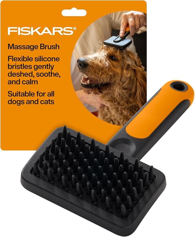 Fiskars Pet, Cat and Dog Brush, Fine Bristles & SoftGrip Handle for Gentle Grooming and Deshedding, Cat and Dog