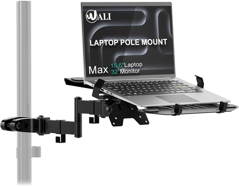 WALI Laptop Pole Mount, Adjustable Laptop Arm Holder Fits 10"-15.6" Laptops, 2-in-1 Full Motion Monitor Mount with