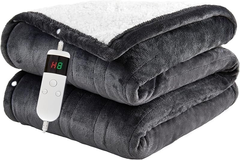 Electric Blanket Heated Throw, Soft Flannel 50"x60" Heating Blanket with 8 Hours Auto Off 10 Fast Heating Levels