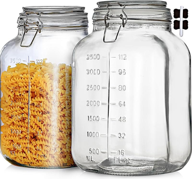 1.1 Gallon Large Glass Food Storage Jars with Airtight Lids,Set of 2 Square Wide Mouth Airtight Glass Storage