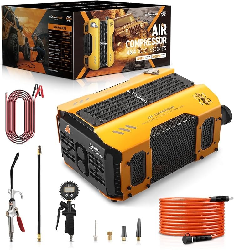 maXpeedingrods 12V 4-Cylinder On Board Air Compressor Kit 200 PSI, Heavy Duty Truck Tire Inflator Built-In 0.6L Air