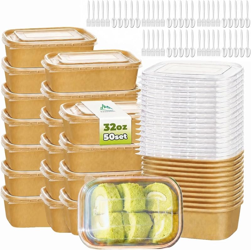 50 Pack 32 OZ Large Paper Bowls with Lids【with Spoons and Forks】, Heavy Duty Disposable Meal Prep Containers for