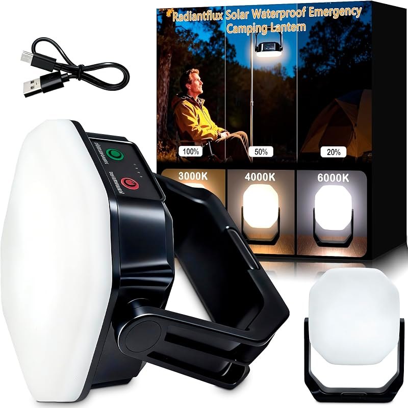 RadiantFlux Rechargeable Solar Camping Lantern, 6600mAh 4000LM Portable LED Tent Light Hanging w/ 3 Light Modes, IP65