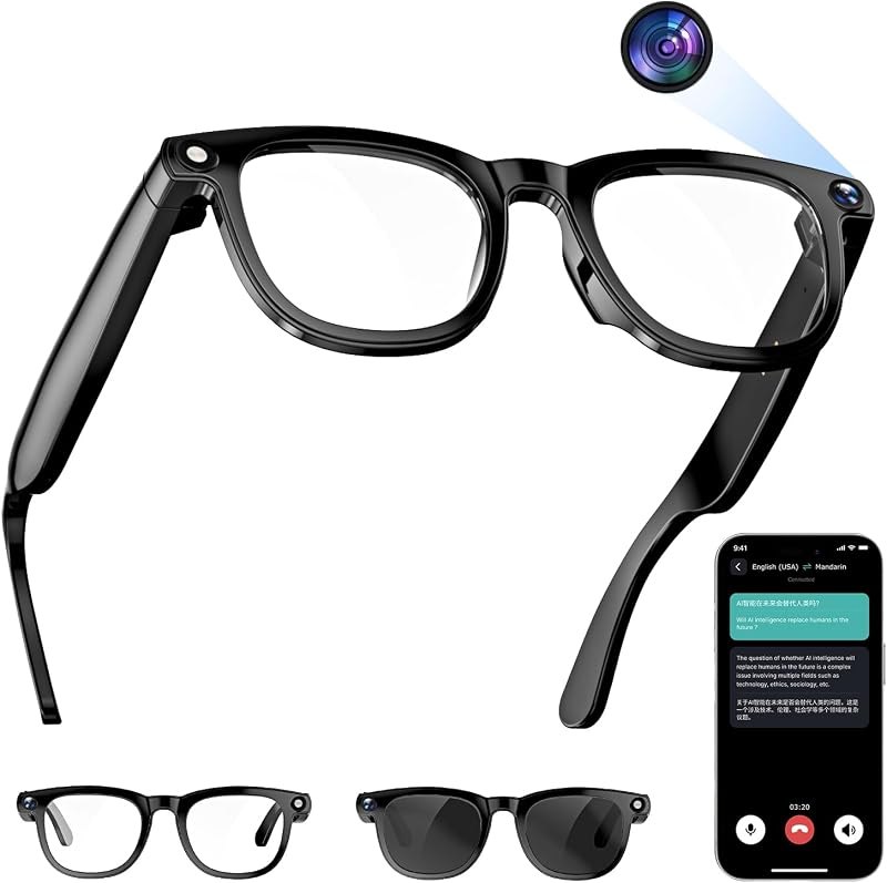 AI Translation Smart Glasses with Built-in AI Assistant & 800W Camera, ENC Noise Cancelling, USB-C Fast Charge for
