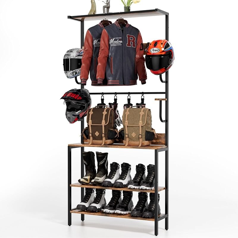 Motorcycle Helmet Holder Floor Mounted Stand, Wall Mount with Helmet Rack, 4 Glove Chips and 4 Hooks, Rustic Helmets