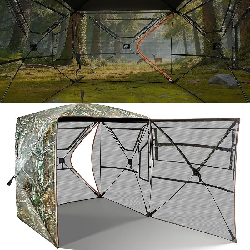 Hunting Blind, See Through Pop Up Ground Blind for Deer Hunting, Portable Camouflage Hunting Tent with Silent Sliding