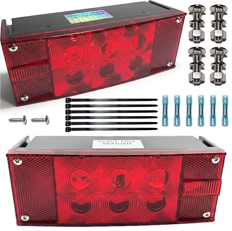 Wave One Marine LED Boat Trailer Light Set, Waterproof Submersible Bright, Low Profile Rectangular, Tinned Wire Brake