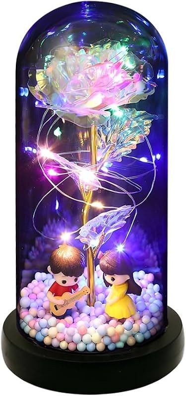Glass Rose Flower for Women, Preserved Eternal Crystal Light Up Roses in Glass Dome with Birthday Xmas Present for
