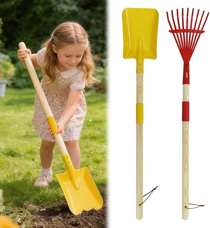 2 Pcs Kids Rake and Shovel Set,28" Toddler Size Metal Snow Shovel & Leaves Rake with Wooden Handle,Real Gardening