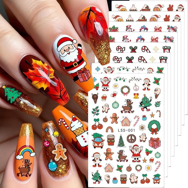 8 Sheets Christmas Nail Art Stickers Decals 3D Cute Santa Claus Snowman Elk Gnome Nail Decals Self-Adhesive Winter