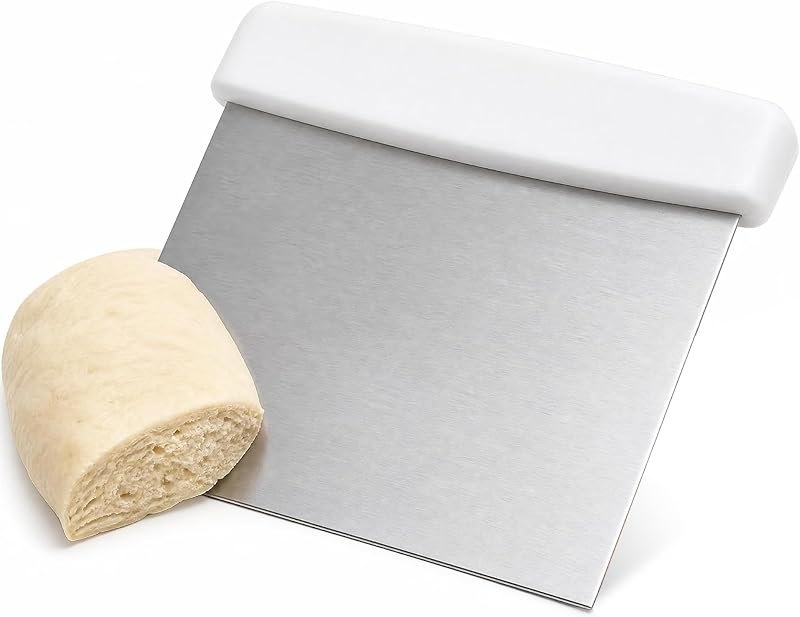 Stainless Steel Dough Cutter and Bench Scraper with White Plastic Handle - Pastry Scraper and Dough Divider for Bread