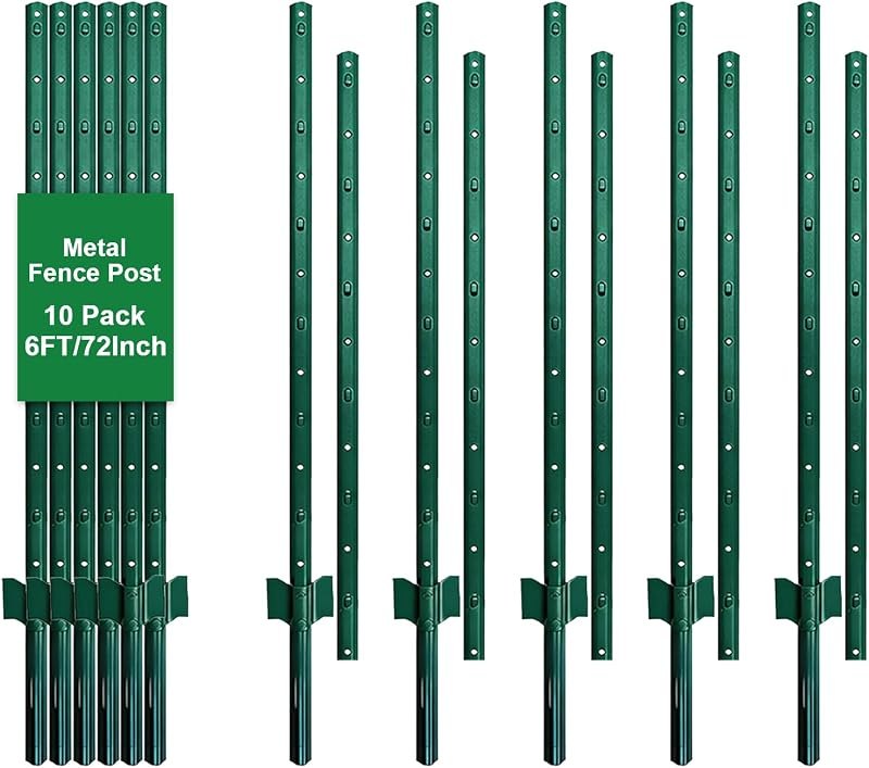 Metal Fence Posts 6 FT, 10 Pack Heavy Duty U-Post Garden Stakes(Splicing), Tools-Free Post Anchors for Wire Fencing