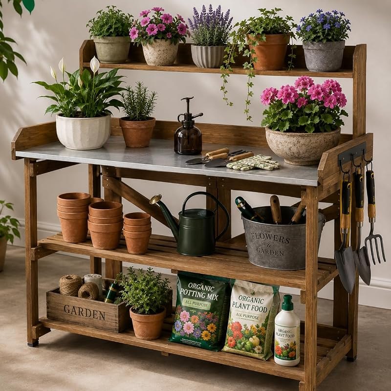 Garden Potting Bench Table Wooden Horticulture Outdoor Planting Work Bench with Metal Tabletop/Hooks/2 Large Open