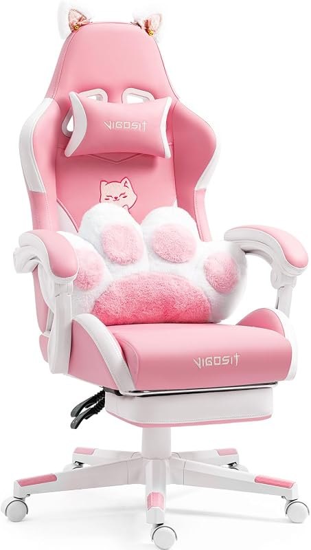 Gaming Chair, Cute Cat Computer Chair with Footrest and Headrest, Ergonomic Gaming Office Desk Chair with Lumbar
