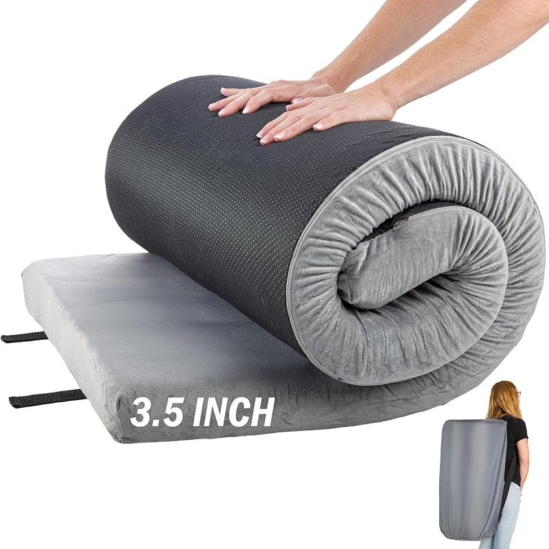 Memory Foam Camping Mattress - 3.5-Inch Thick Sleeping Pad for Camping Gear - Dual-Layer Roll Up Portable Bed for Car