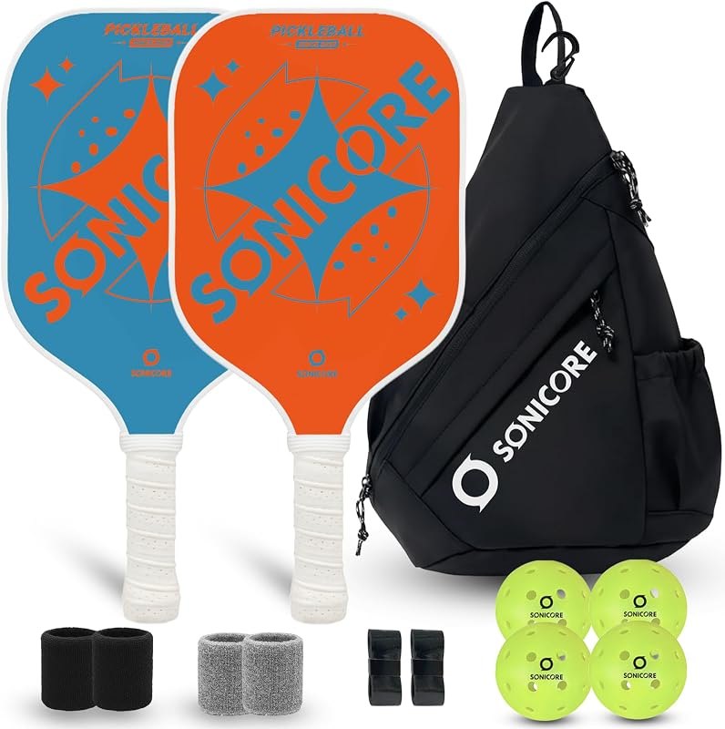Sonicore Fiberglass Pickleball Paddle Set of 2 for Beginners, Lightweight Starter Kit with 4 Outdoor Balls, Sling Bag