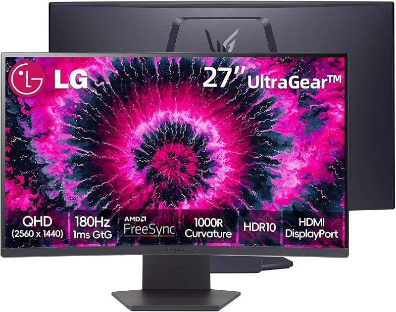 LG 27 Inch QHD Gaming Monitor, Ultragear Curved Display, 180Hz, 1ms, 1000R, AMD FreeSync, HDR10, 99% sRGB, Black
