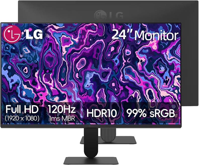LG 24 inch FHD (1920 x 1080) IPS Computer Monitor, 120Hz, 5ms MBR, HDR10, Dynamic Action Sync, 99% sRGB, VGA, HDMI