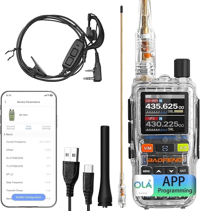 BAOFENG UV5R Mini Transparent Two-Way Radio,Dual Band Ham Radio,5W High Power,App Programming,USB C Charging,999