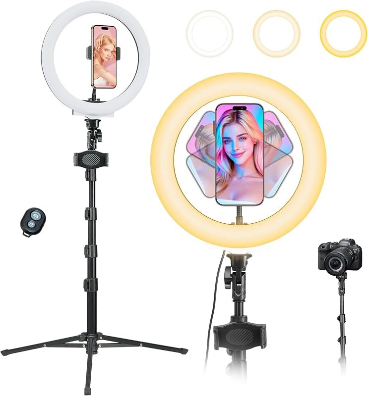 NiceFoto 10" Ring Light with 66'' Tripod Stands, 2 Phone Holder & Remote — best 10 inch ring light for inch ring light
