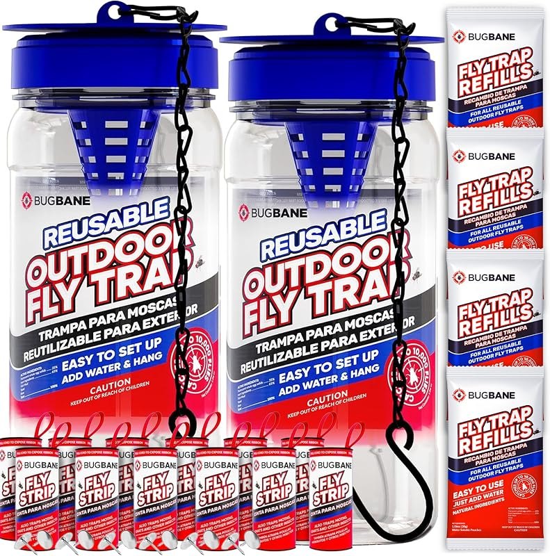 2 Fly Traps Outdoor Fly Trap for Patio with 4 Non-Toxic Dissolvable Bait Refills and 12 Sticky Ribbons. Reusable